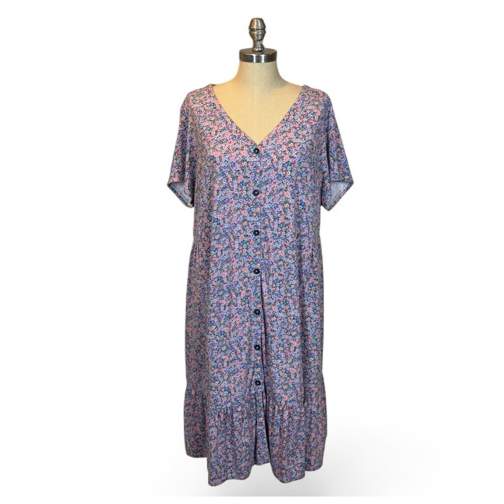J Jill Dress Womens XL Blue Pink Floral Midi Cottagecore Farm Mumu Boho Feminine